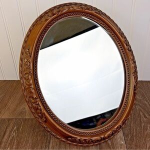 Vintage Oval Ornate Brown Faux Wood Framed Mirror 12" X 10" Stands or Hangs